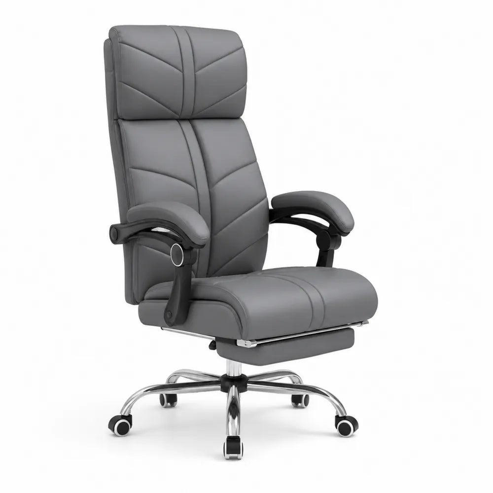 Chaise de bureau en cuir synthétique gris avec repose-pieds et base en métal