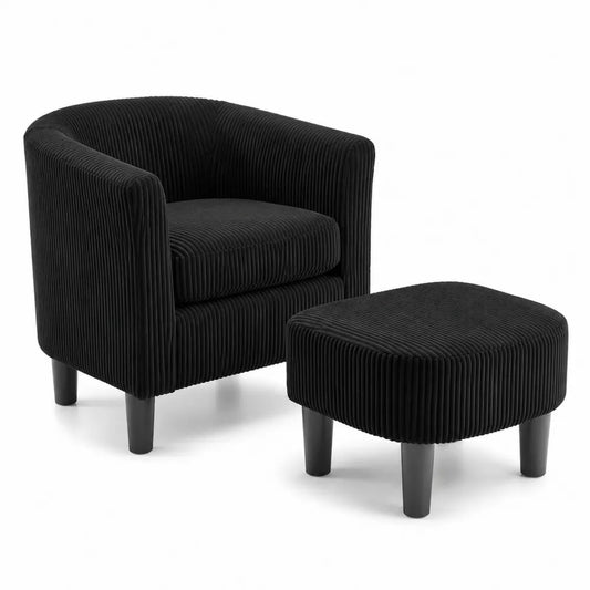 Fauteuil et repose-pieds en velours côtelé noir