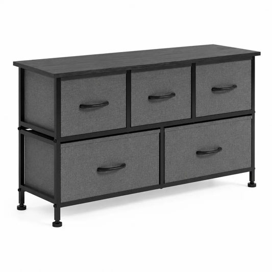 Commode 5 tiroirs en tissu gris et cadre en métal