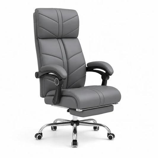 Chaise de bureau en cuir synthétique gris avec repose-pieds et base en métal