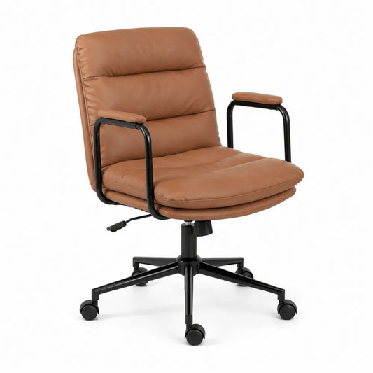 Chaise de bureau pivotante en similicuir marron et métal noir