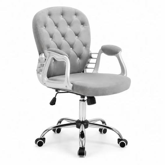 Chaise de bureau en velours gris avec accoudoirs en métal chromé