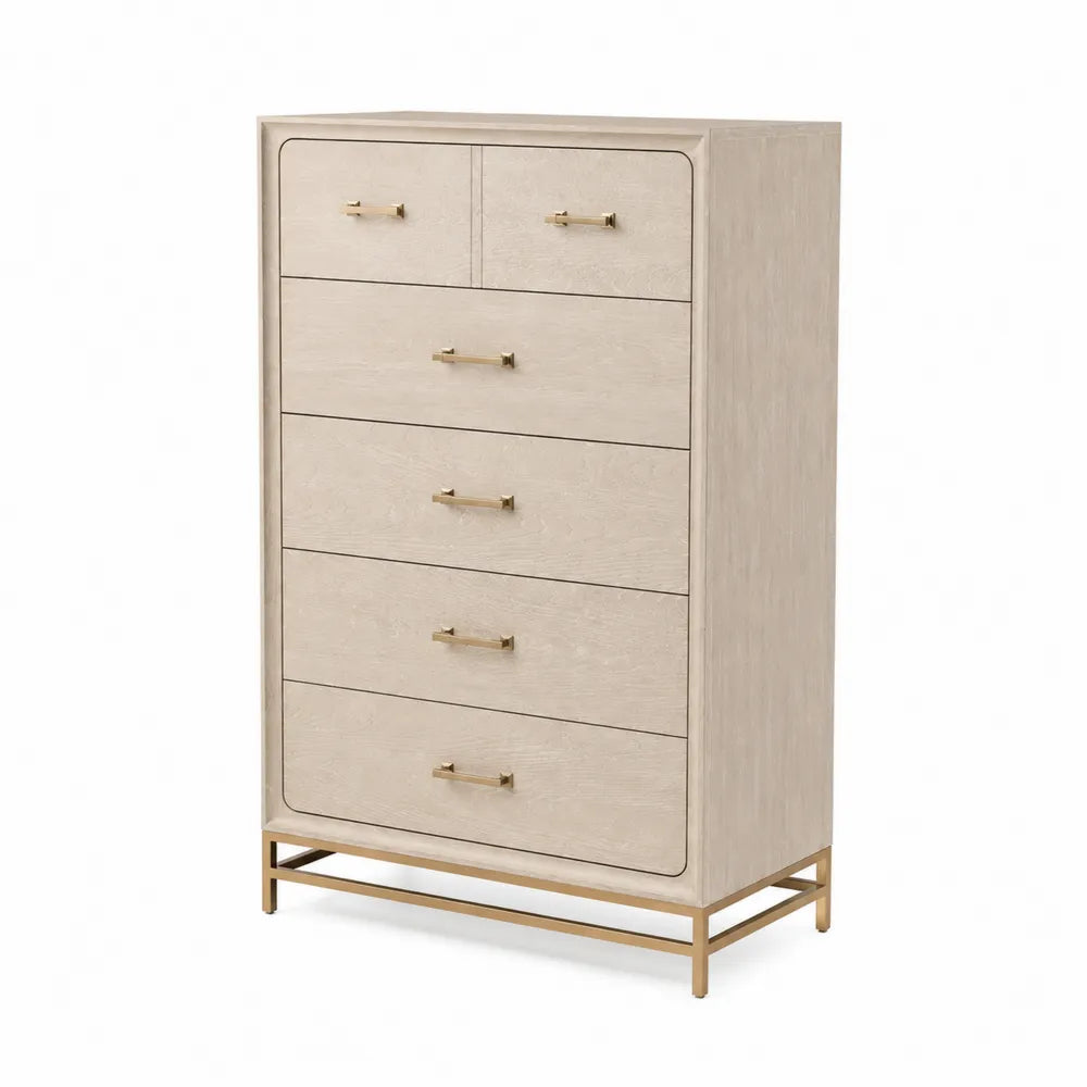 Commode en bois de chêne avec 6 tiroirs et pieds en métal doré