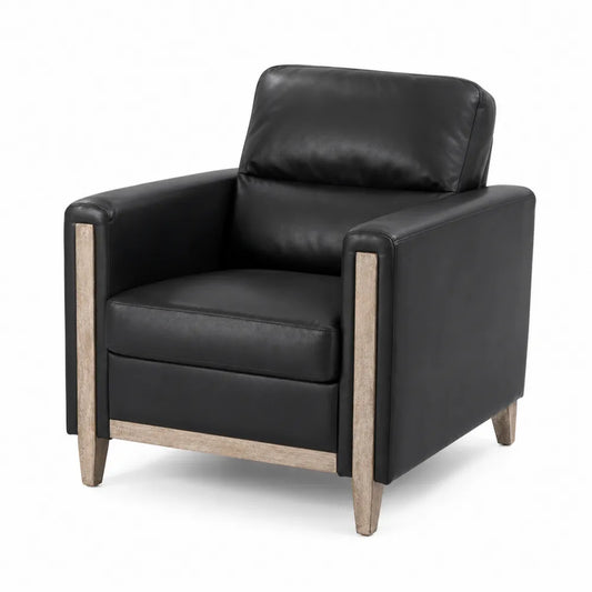 Fauteuil en cuir synthétique noir avec pieds en bois